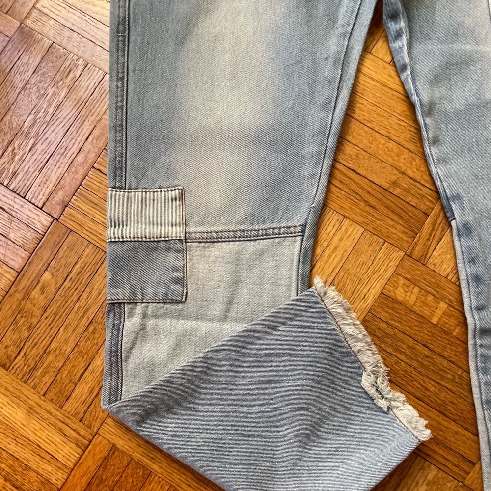POL Slim Leg Denim Overalls With Patchwork Raw Hem 100% Cotton Size MEDIUM NEW - Picture 14 of 14